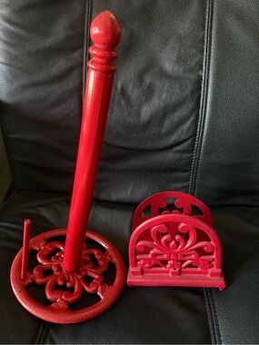 Decorative Red Cast Iron Kitchen Set - Paper Towel Holder & Napkin Holder